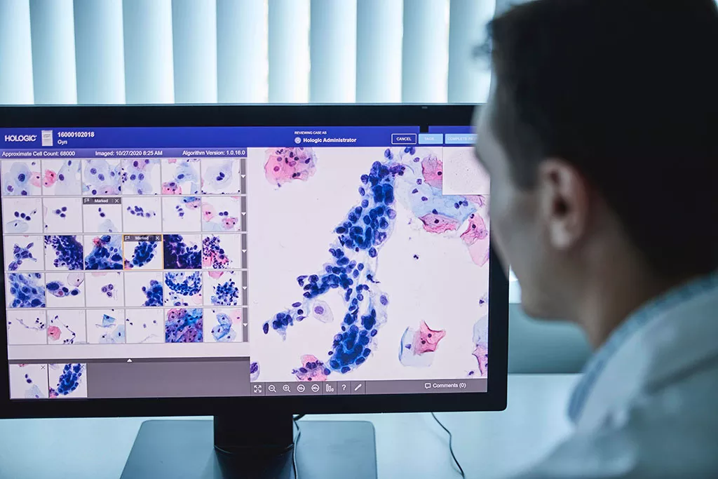Professionnel de santé regardant des radiographies sur un moniteur