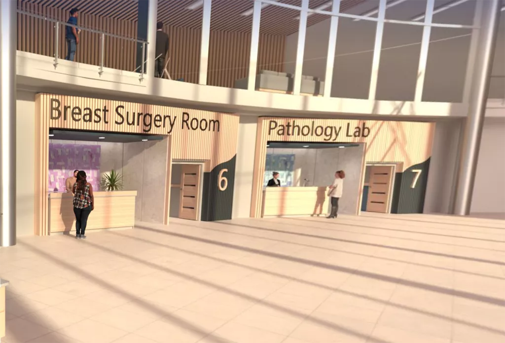 Femme dans un hôpital virtuel avec une salle de chirurgie mammaire et un laboratoire de pathologie