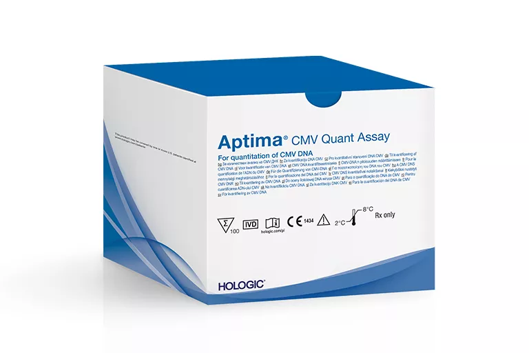 Image d’une boîte de tests Aptima® CMV Quant sur fond blanc